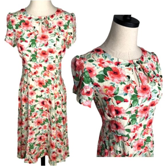 Anthropologie Dresses & Skirts - NEW! Anthropologie Lindy Bop 6 Rose Print Swing Midi Dress 100% Rayon White Pink